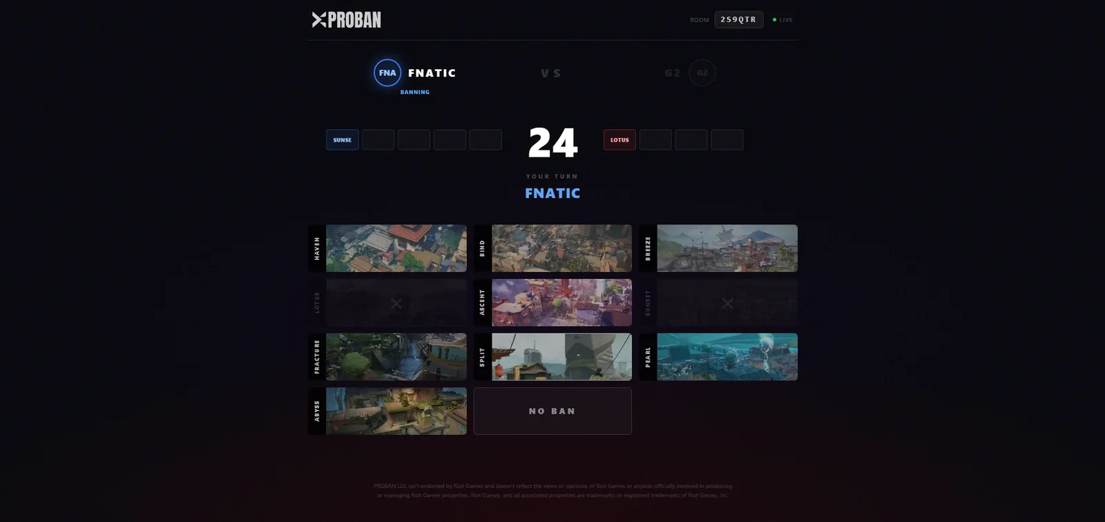PROBAN interface — live Valorant map veto between two teams