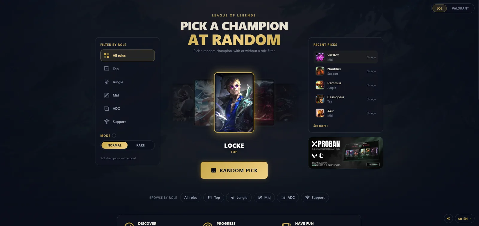 RandomPick interface — pick a League of Legends champion at random, filtered by role